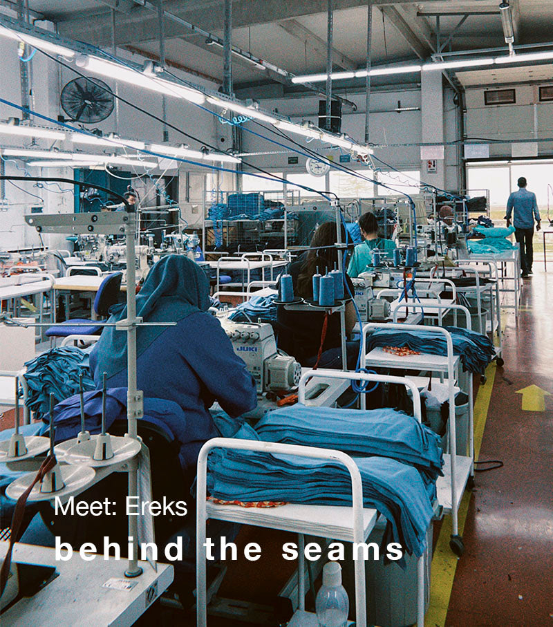 Factory interior with workers at sewing machines, text 'Meet: Ereks behind the seams' displayed.