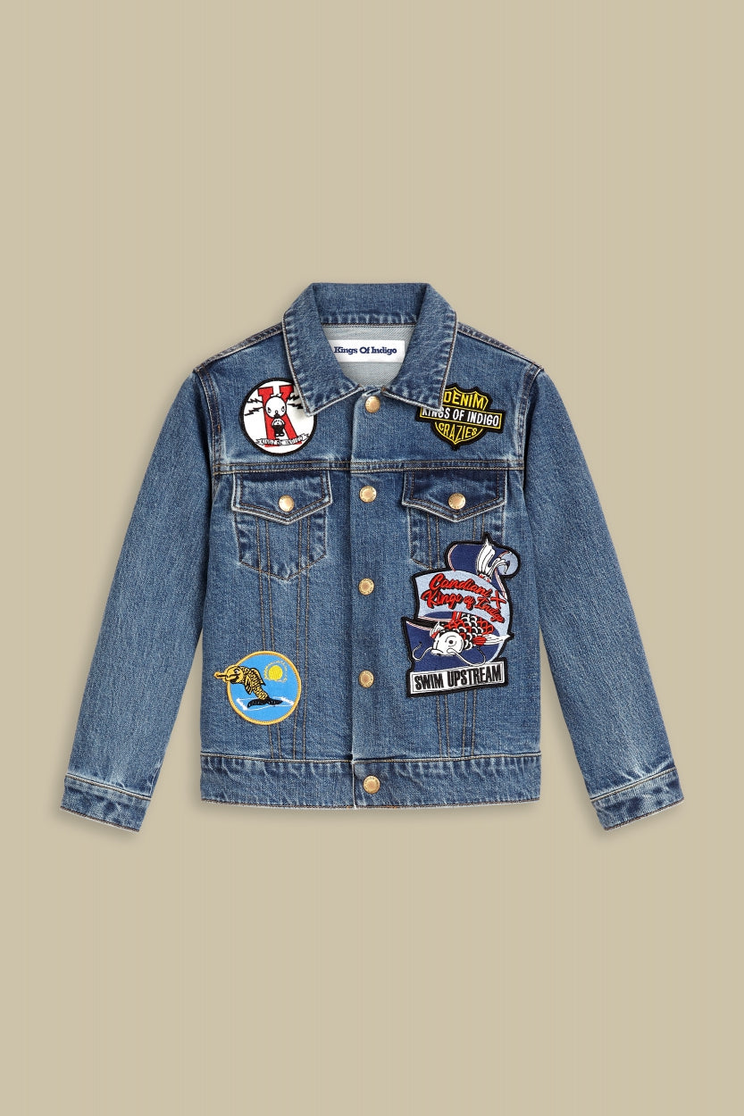 KIDS JACKET | BIO STRETCH BLUE BADGE ALLOVER - Kings Of Indigo