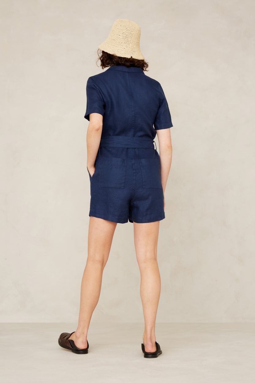JANELLE PLAYSUIT | WORKER BLUE LINEN - Kings Of Indigo