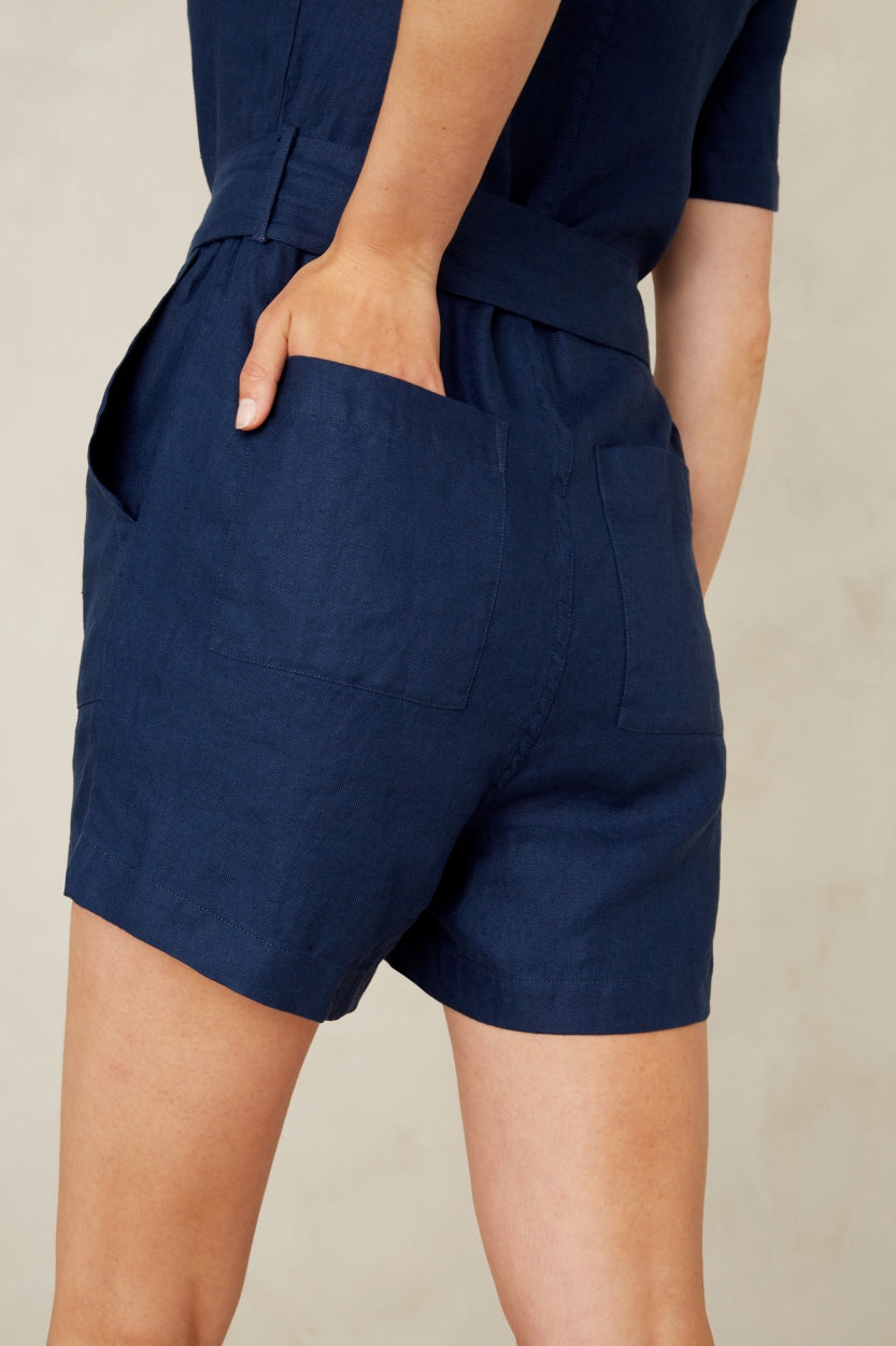 JANELLE PLAYSUIT | WORKER BLUE LINEN - Kings Of Indigo