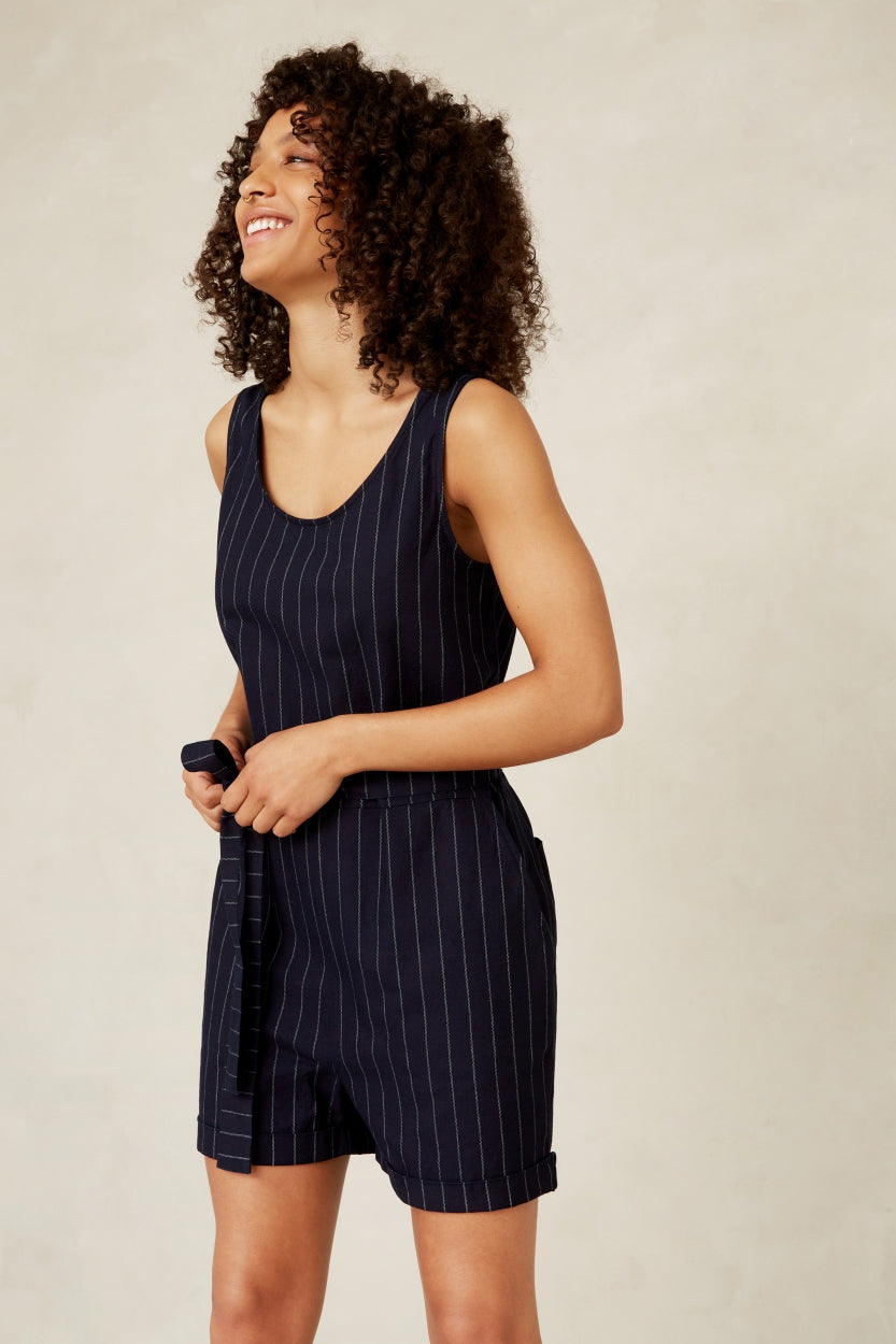 LOUISE PLAYSUIT | INDIGO STRIPE HEMP